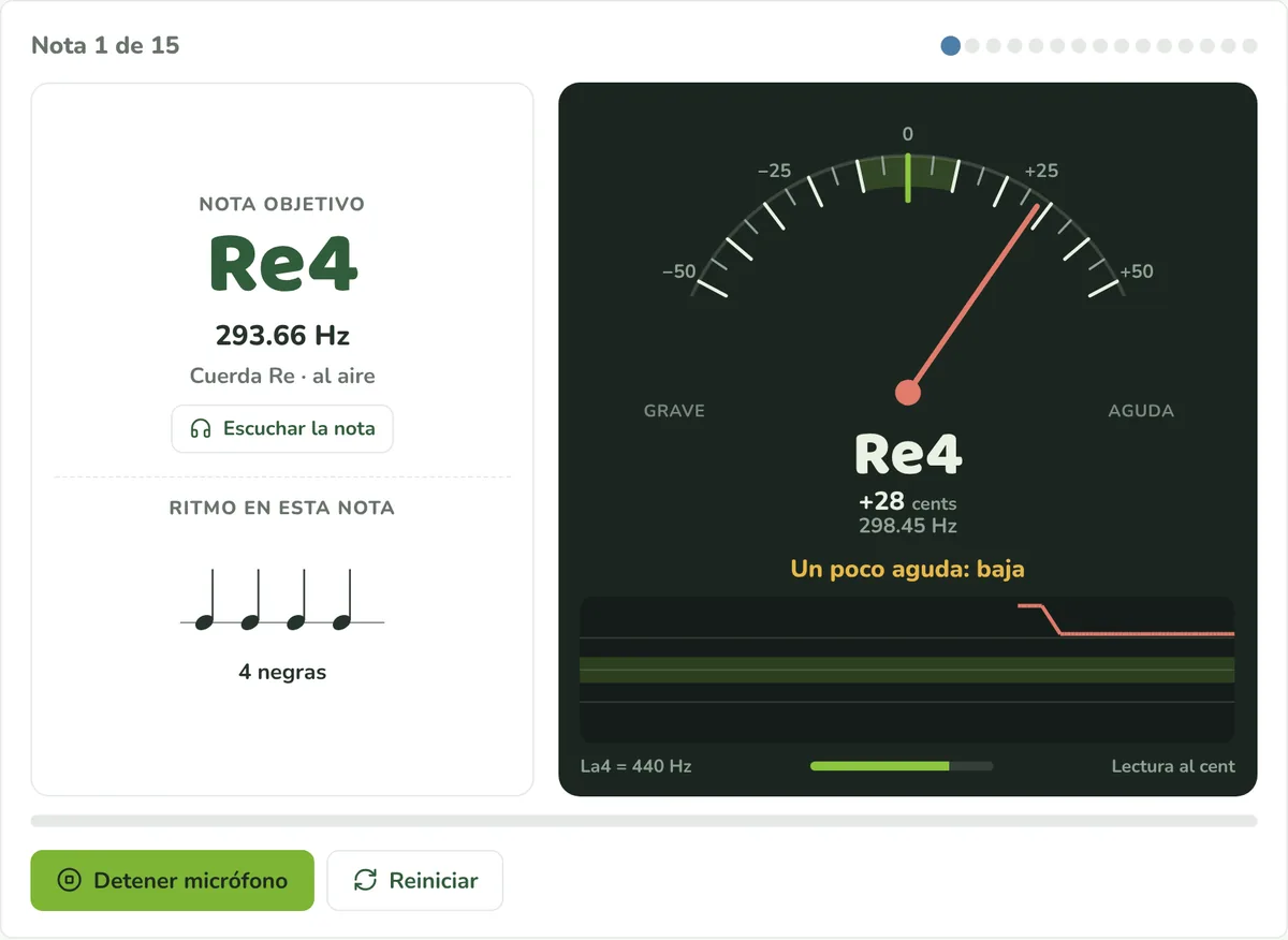 Pantalla del afinador de MSEA: la nota objetivo es Re4 y la aguja indica que el sonido está un poco agudo